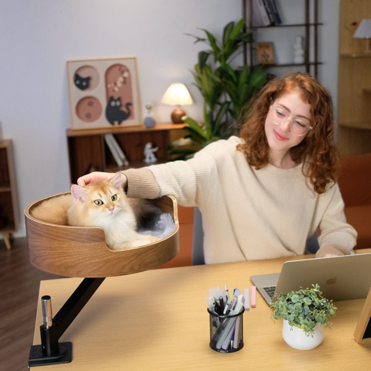 CozyDesk | Drehbarer & verstellbarer Schreibtisch-Katzenkorb mit Doppelnest