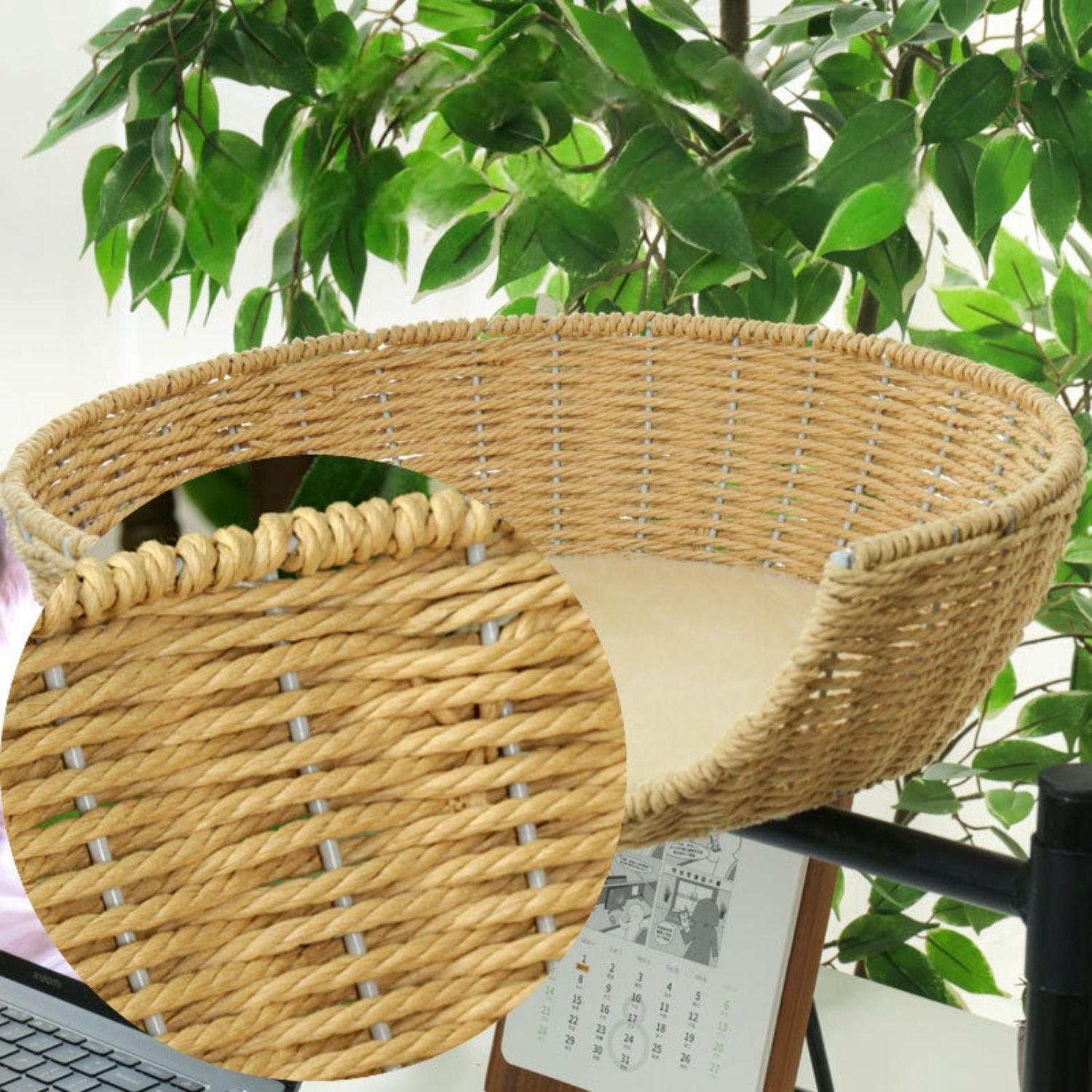 Miaura | Verstellbares Katzenbett aus Plüsch & Rattan für Tisch & Büro – gemütlich & drehbar