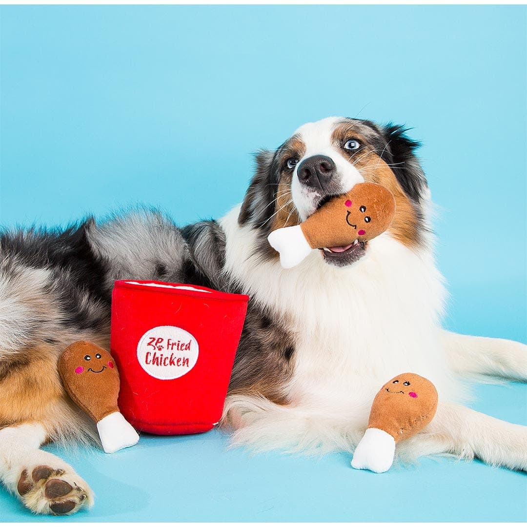 WuffelFeast | Interaktives Hundespielzeug – Chicken Bucket mit Quietsch-Drumsticks