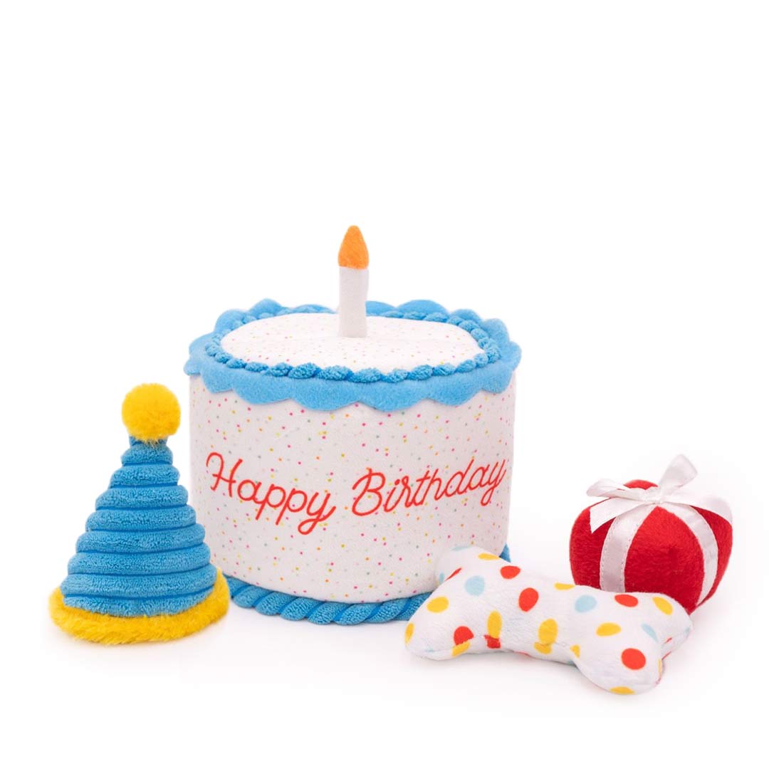 ZippyPaws Zippy Burrow Birthday Cake – interactief snuffel- en verstopspeelgoed voor honden, pluche verjaardagstaart met drie zachte, piepende speeltjes (feesthoed, bot en cadeautje)