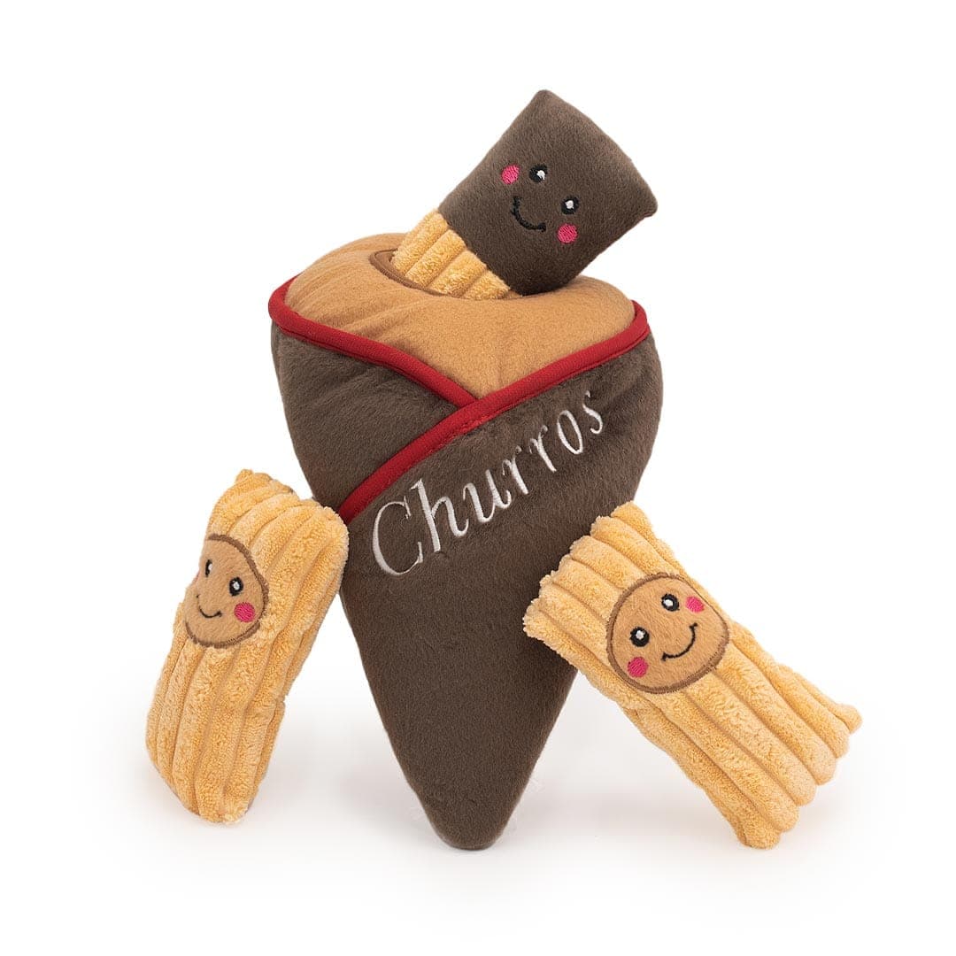 ZippyPaws Zippy Burrow Churro Cone – interactief snuffel- en verstopspeelgoed voor honden, pluche puntzak met drie zachte, piepende churro’s
