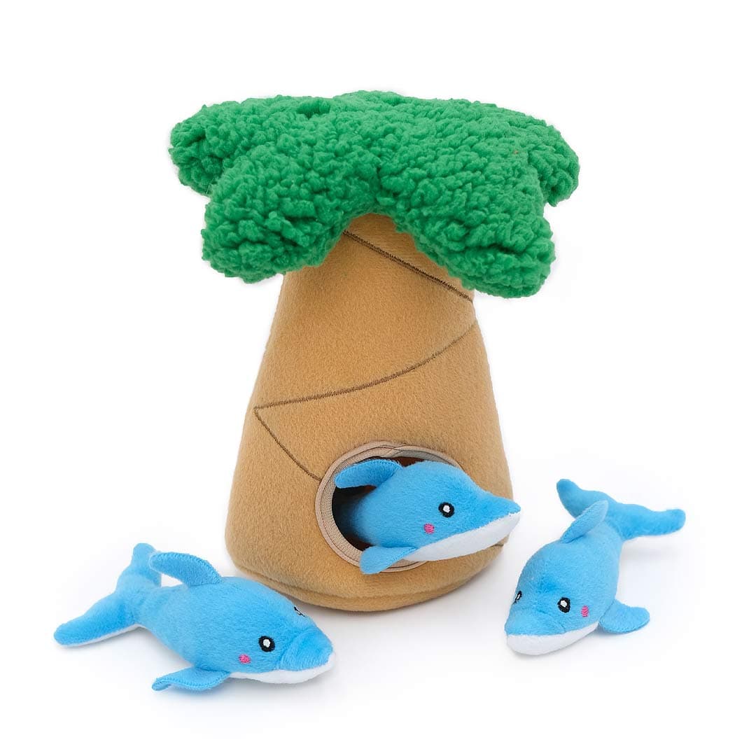 ZippyPaws Zippy Burrow Dolphins in Palm Tree – interactief snuffel- en verstopspeelgoed voor honden, pluche palmboom met drie zachte, piepende blauwe dolfijnen