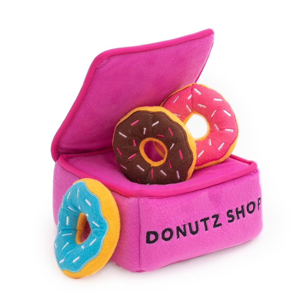 ZippyPaws Zippy Burrow – Donutz Box – interactief snuffel- en verstopspeelgoed voor honden, pluche roze donutdoos met drie piepende Donutz-Miniz in blauw, roze en bruin met glazuur en sprinkles