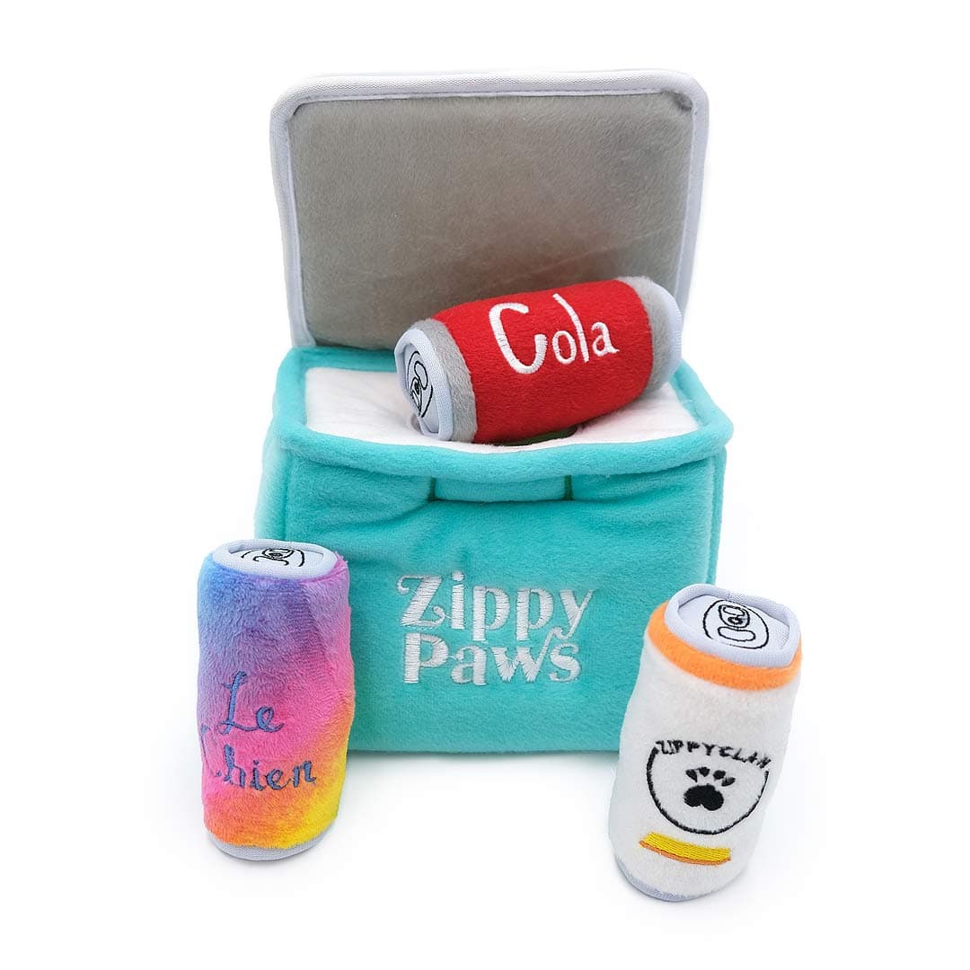 ZippyPaws Zippy Burrow Ice Chest – interactief snuffel- en verstopspeelgoed voor honden, pluche turquoise koelbox met drie zachte, piepende frisdrankblikjes