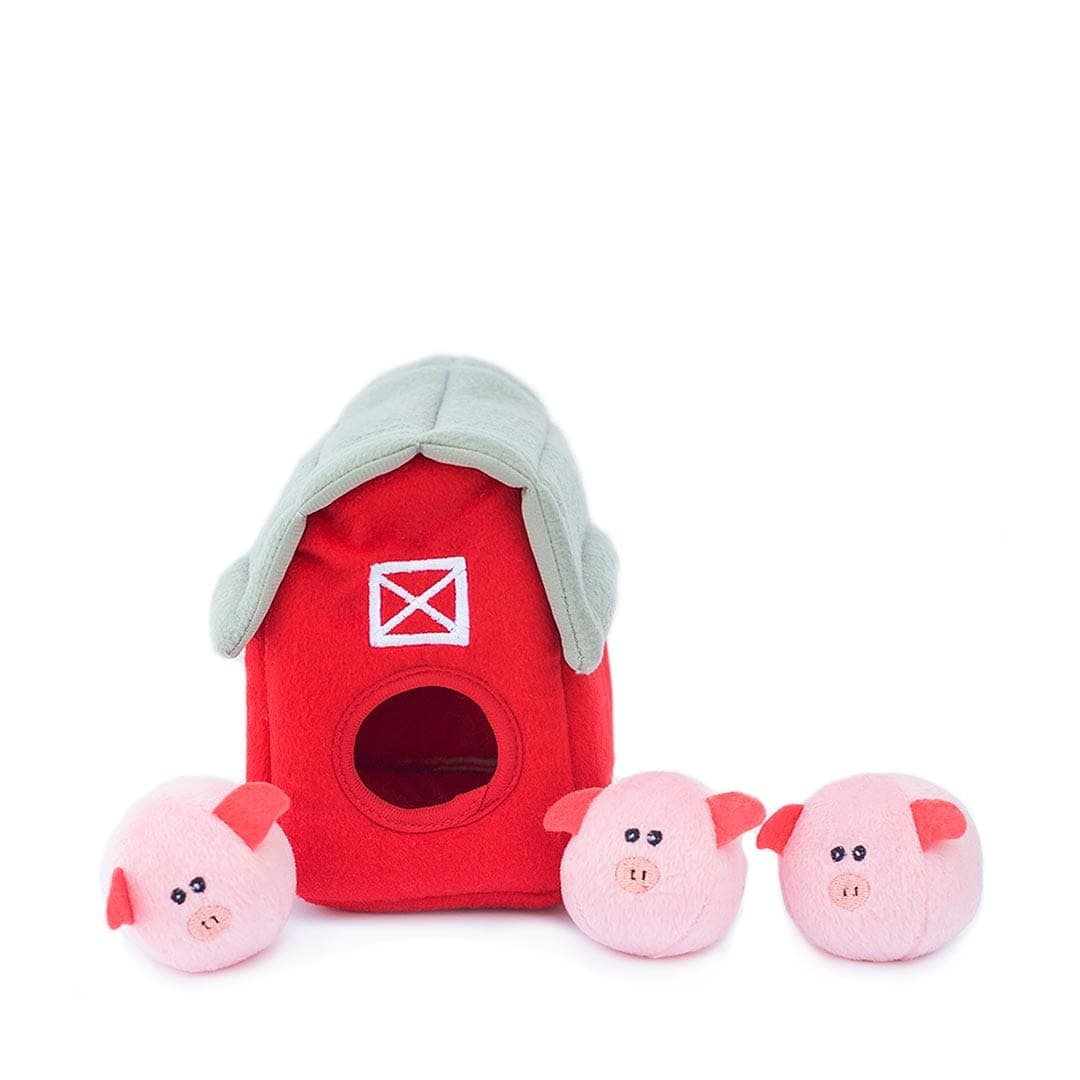 ZippyPaws Zippy Burrow Pig Barn with Bubble Babiez – interactief snuffel- en verstopspeelgoed voor honden, pluche schuur met drie losse, piepende biggetjes
